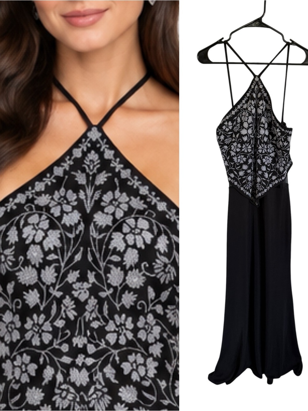 Tadashi Vintage Beaded Floral Halter Evening Gown